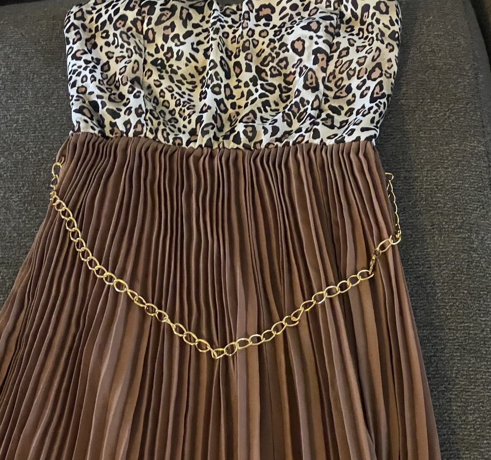 strapless cheetah dress with chain belt